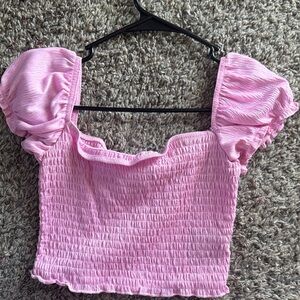 Divided Pink Smocked Puff-Sleeve Crop Top